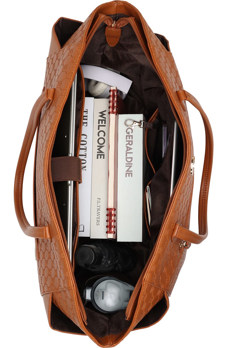 ELLE Compass 32L Vegan Leather Monogram Weekender Duffel Bag, Alternate, color, Brown