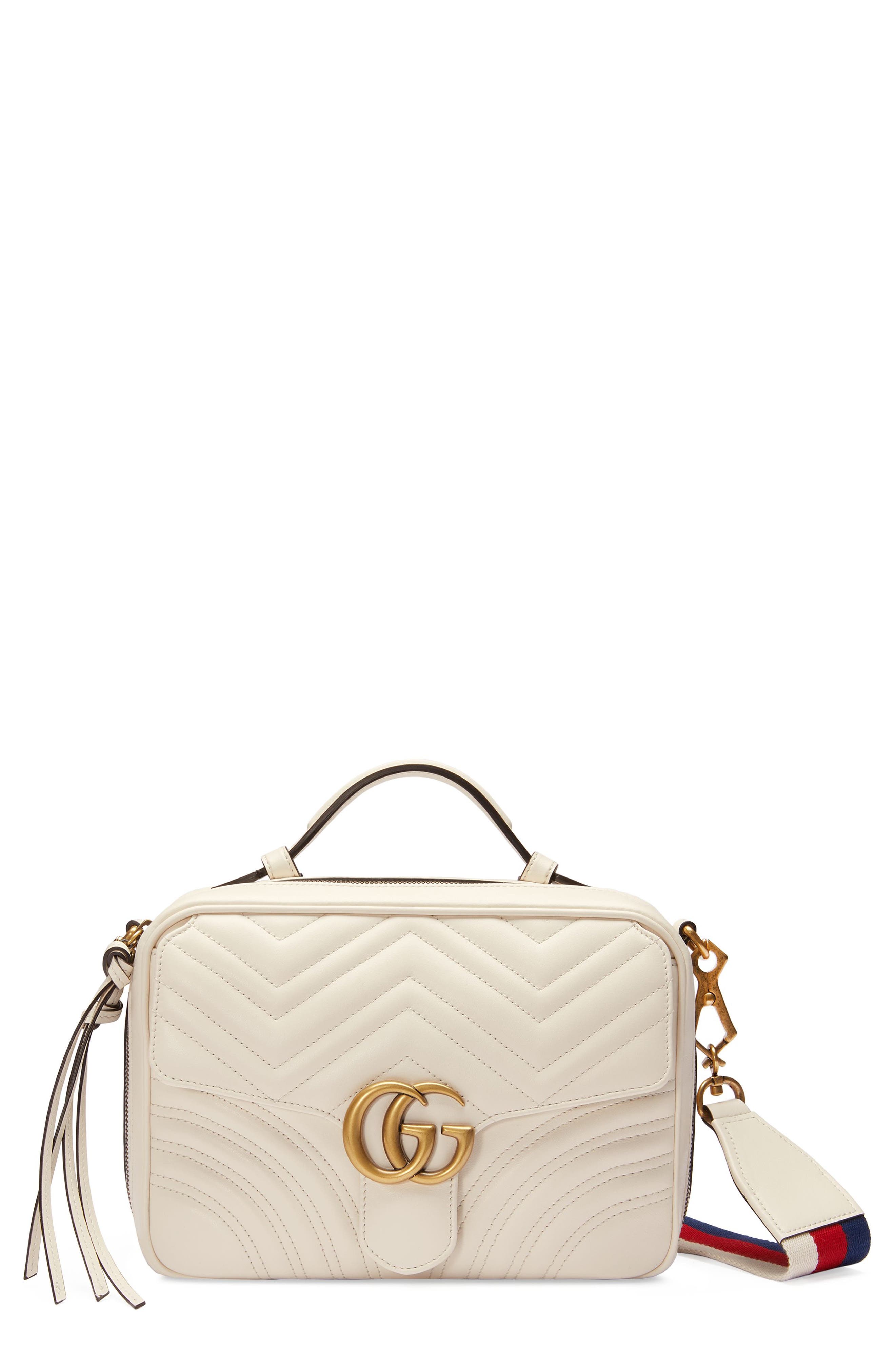 Small GG2.0 Matelassé Leather Camera Bag with Webbed Strap, Main, color, MYSTIC WHITE/ HIBISCUS RED