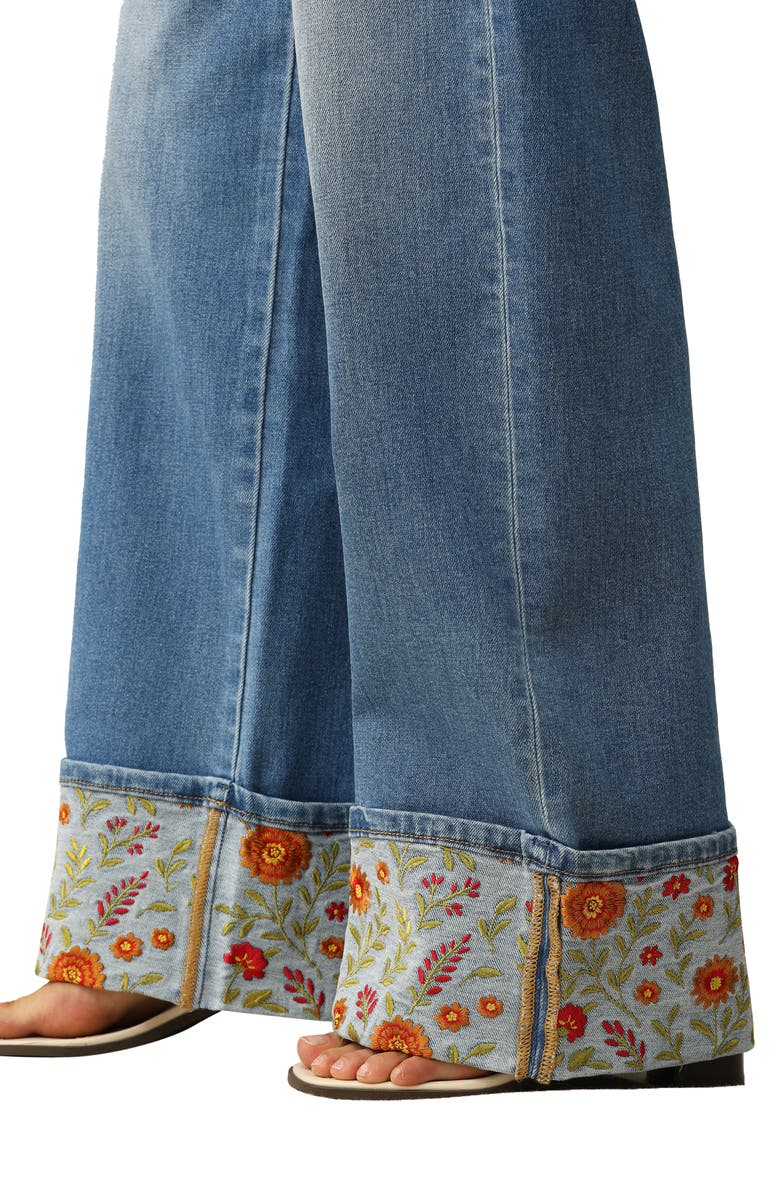 Bayeas Floral Embroidered High Waist Cuffed Wide Leg Jeans, Alternate, color, Medium Blue