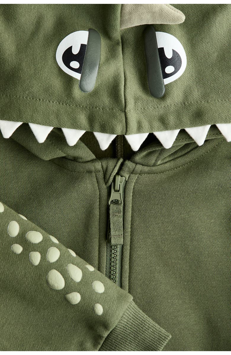 H&M Appliquéd Zip-through Hoodie, Alternate, color, Green/Dinosaur