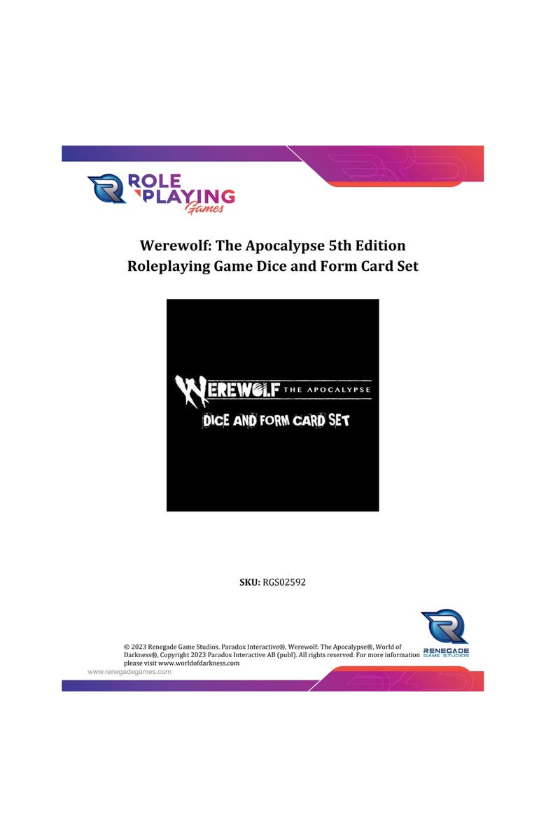 Renegade Game Studios Werewolf The Apocalypse 5th Edition Roleplaying Game, Alternate, color, Multicolored
