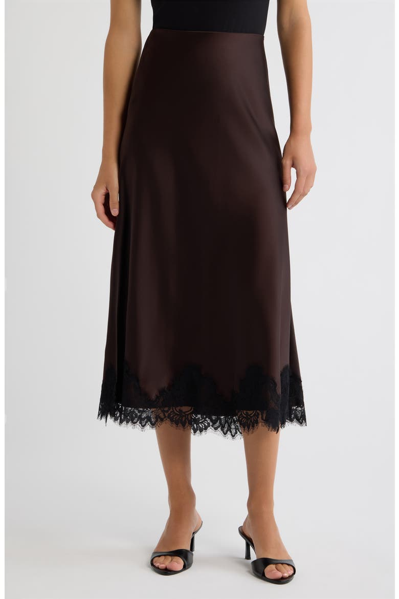 Lace Trim Satin Bias Midi Skirt, Main, color, DEEP MAHOGANY/ BLACK