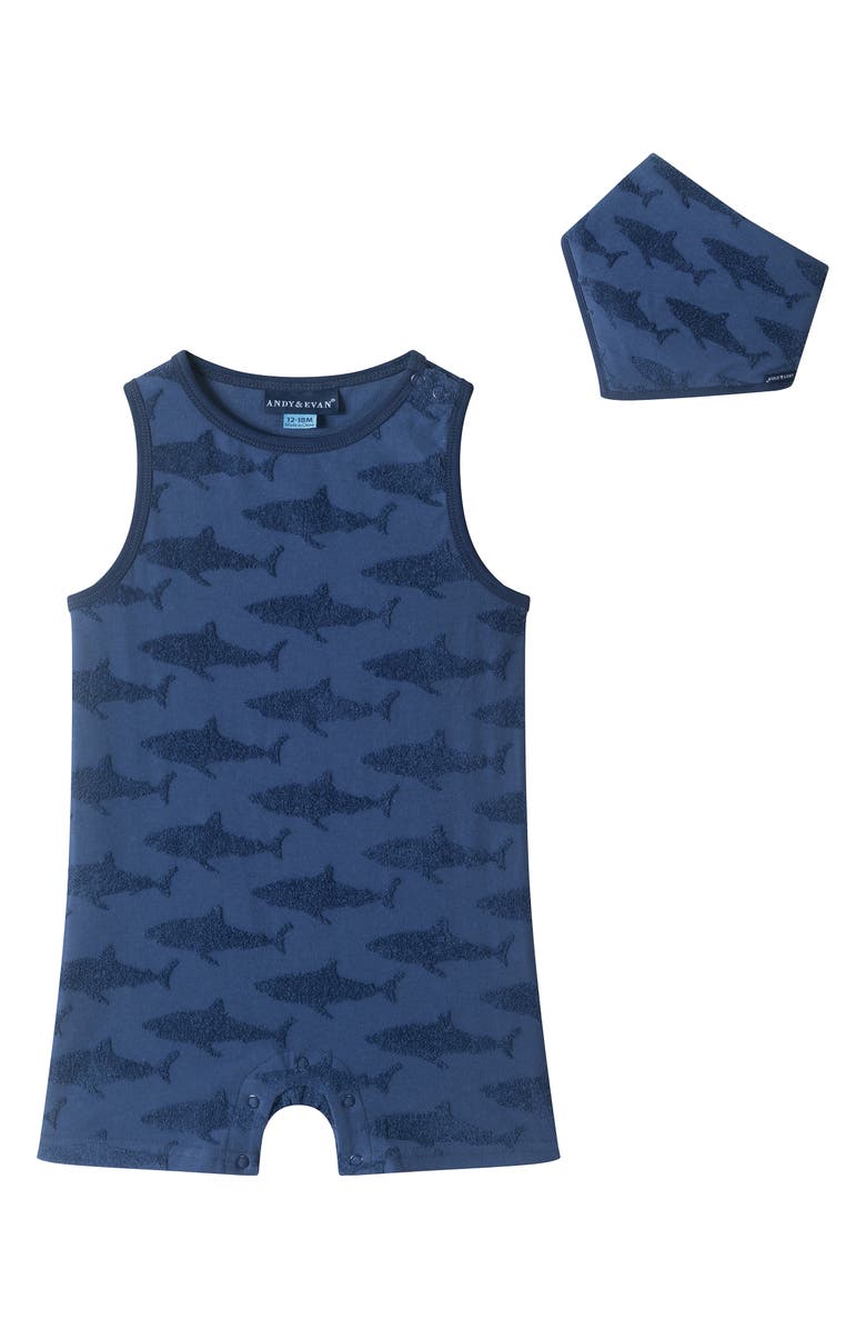 Andy & Evan Print Romper & Bib Set, Main, color, Navy