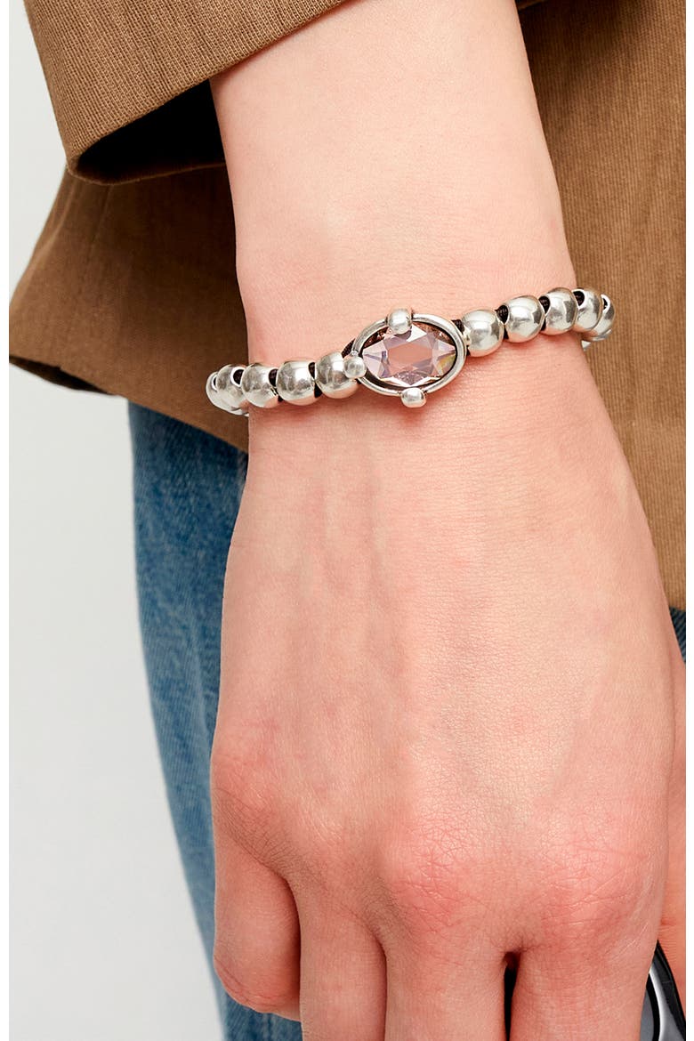 Sterling Silver Plated Ball Elastic Bracelet with Pink Faceted Crystal, Alternate, color, Silver
