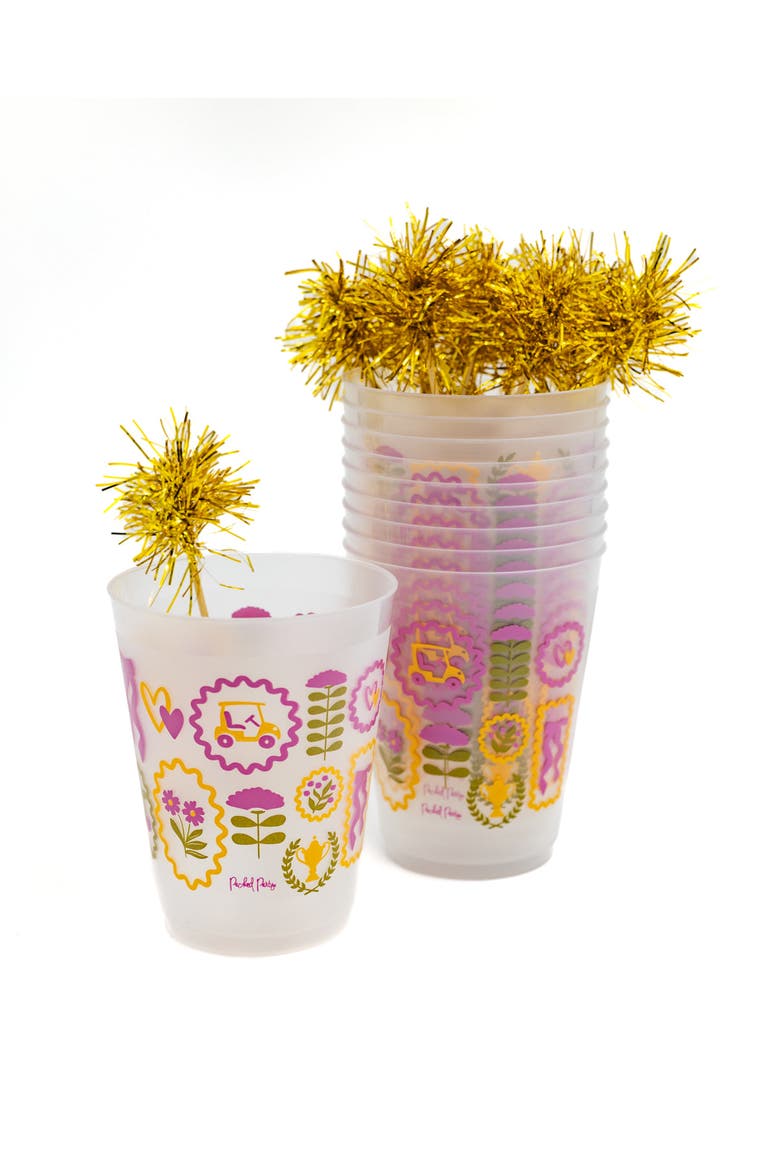 Forever Fun Gold Pom Pom Reusable Stackable Cups Set of 10 - 16 oz Shatterproof Party Cups with Gold Pom Pom Stirrers, Main, color, Multicolor