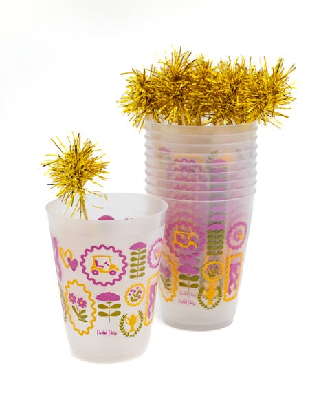 Forever Fun Gold Pom Pom Reusable Stackable Cups Set of 10 - 16 oz Shatterproof Party Cups with Gold Pom Pom Stirrers