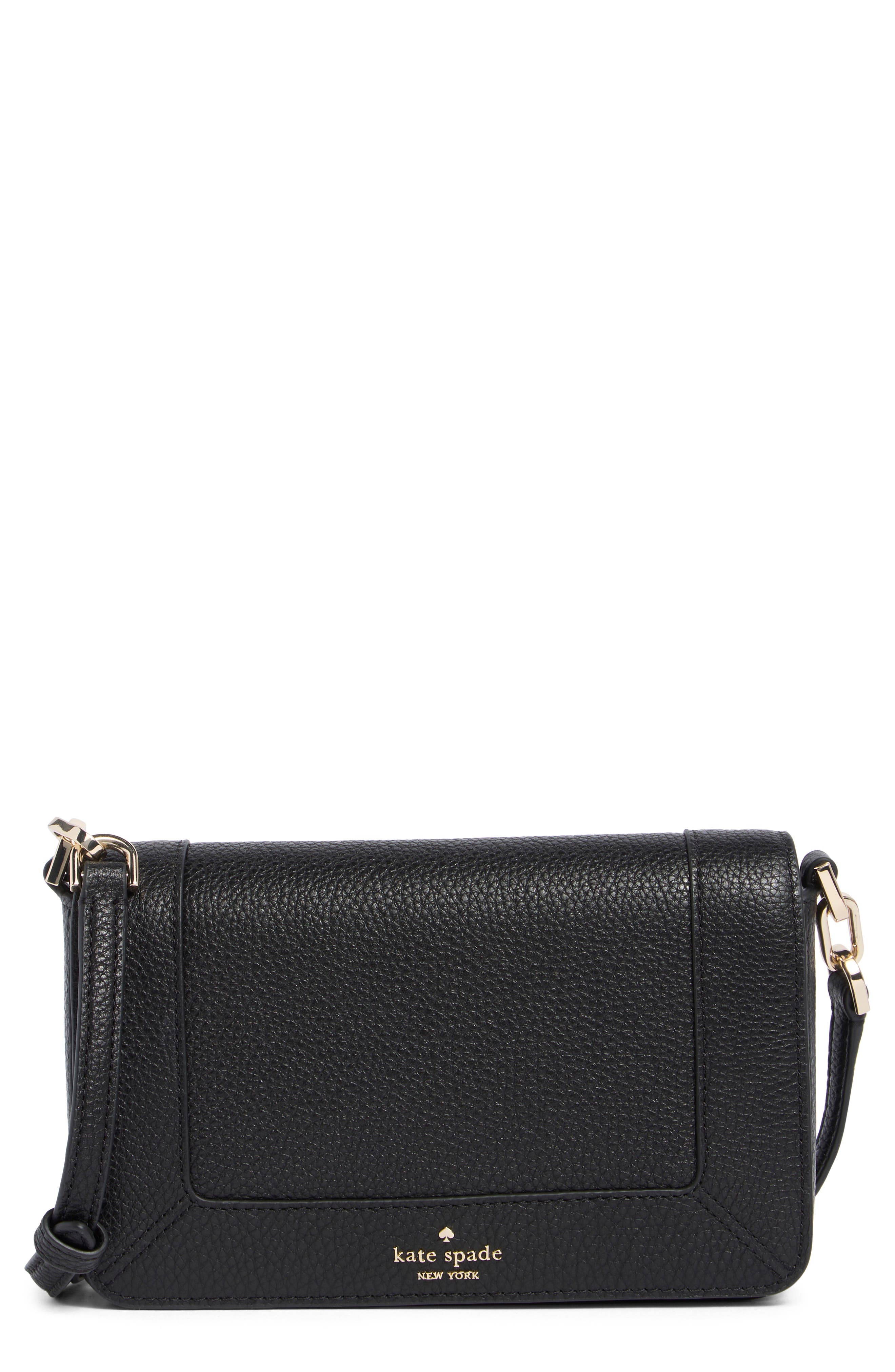 Kate Spade New York lena pebbled leather mini flap crossbody bag, Main, color, Black