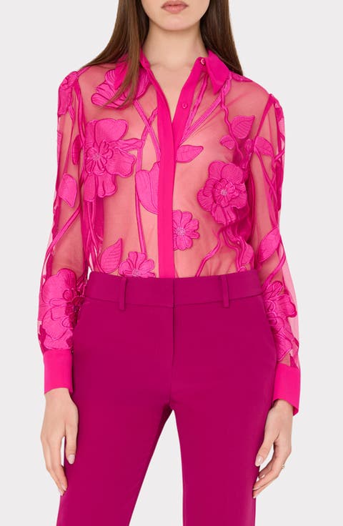 Milly Ashton Grand Fleur Appliqué Sheer Button-Up Shirt (Petite)
