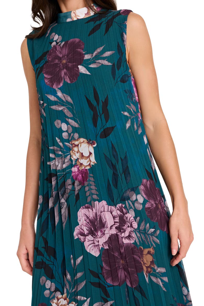 Floral Pleated Midi Dress, Alternate, color, OCEAN TEAL
