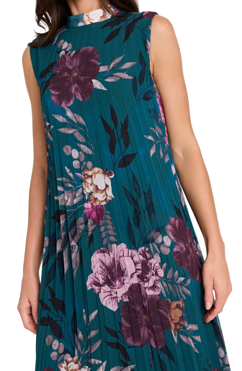 Tahari ASL Floral Pleated Midi Dress, Alternate, color, Ocean Teal