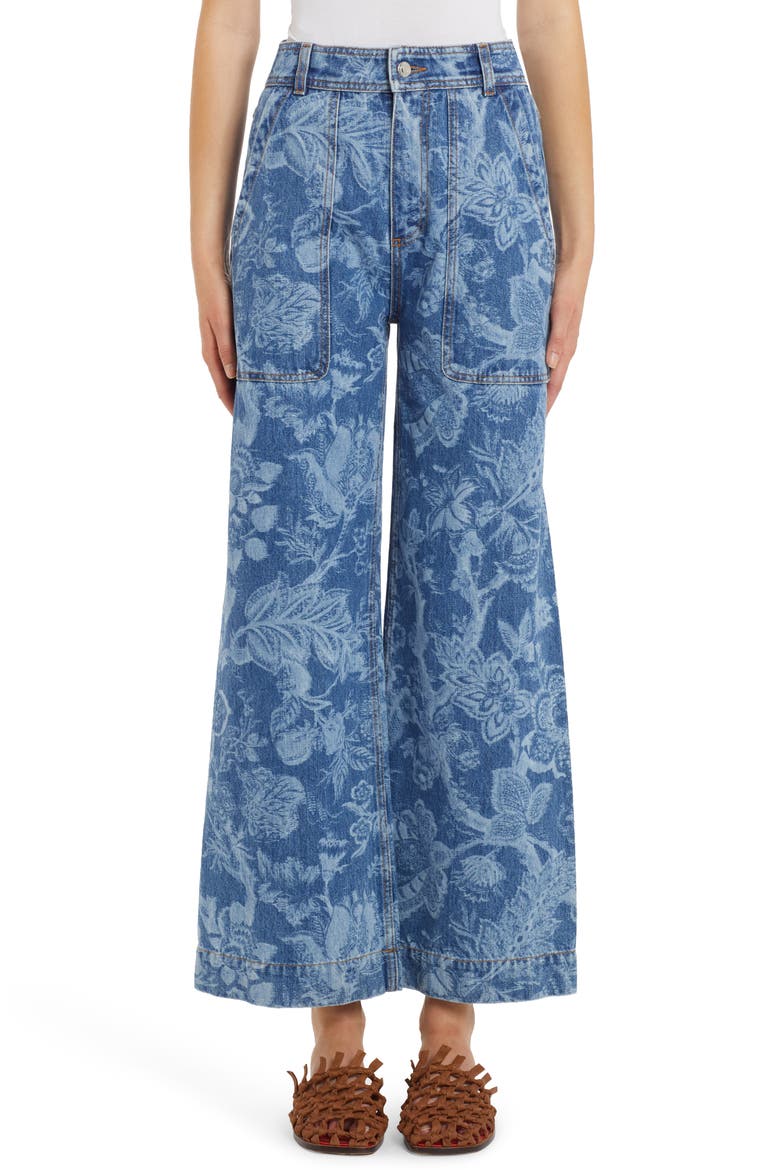 Dancer Floral Print Wide Leg Jeans, Main, color, BLUE