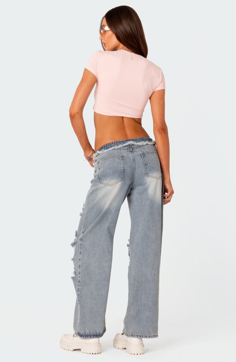 EDIKTED Foldover Low Rise Ripped Boyfriend Jeans, Alternate, color, Light-Blue