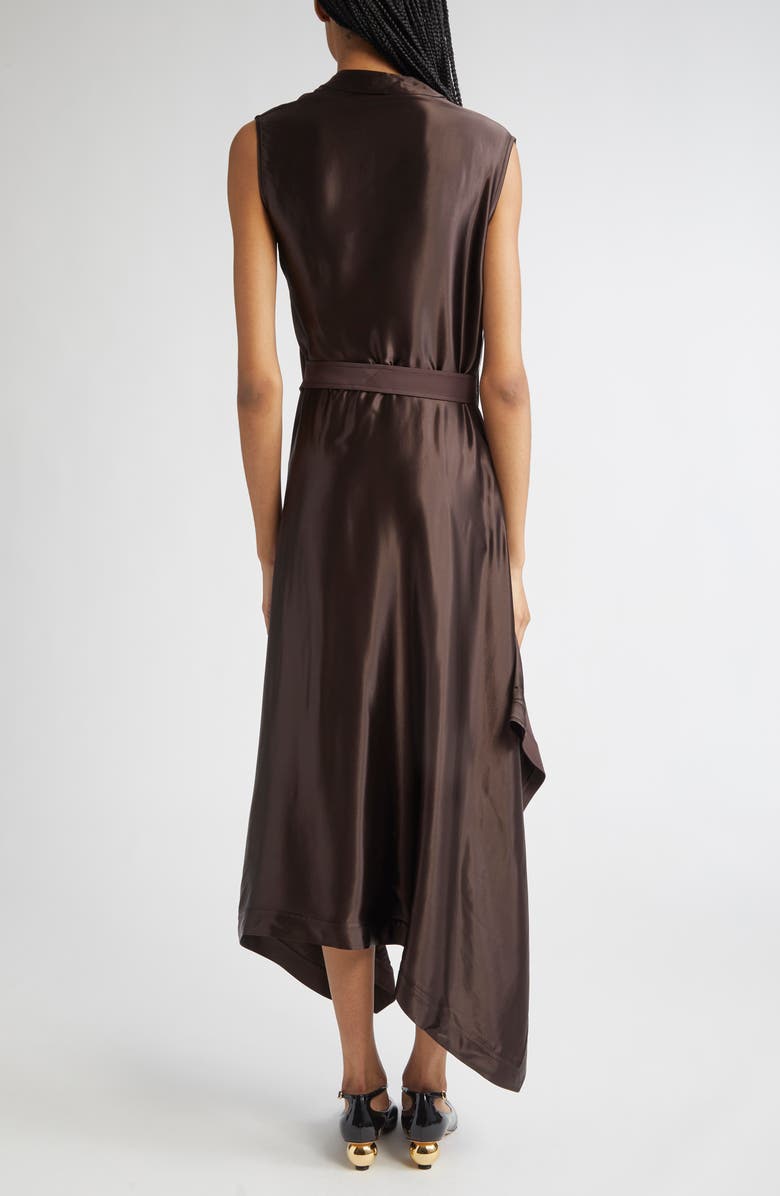 FERRAGAMO Belted Asymmetric Satin & Cady Dress, Alternate, color, Expresso