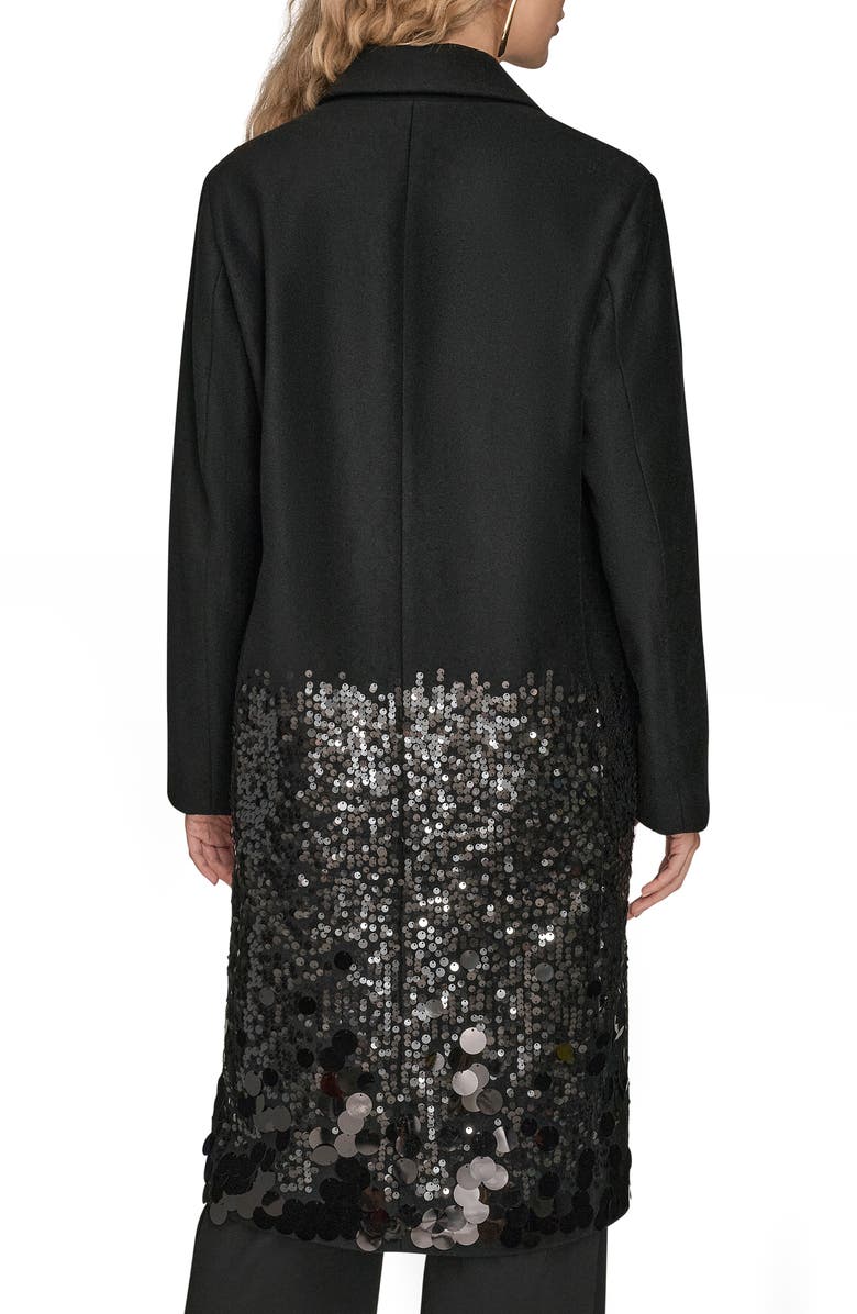 Donna Karan New York Sequin Wool Blend Longline Coat, Alternate, color, Black