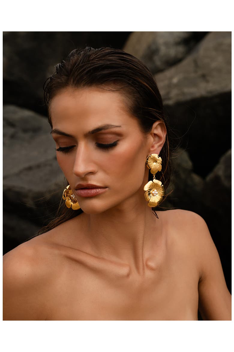 Double Poppy Drop Earrings, Alternate, color, 14K GOLD