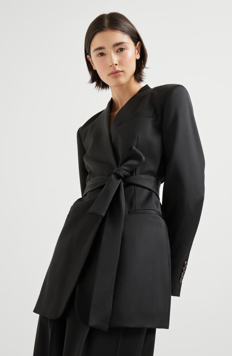 Brunello Cucinelli Satin belted blazer with monili, Alternate, color, Black