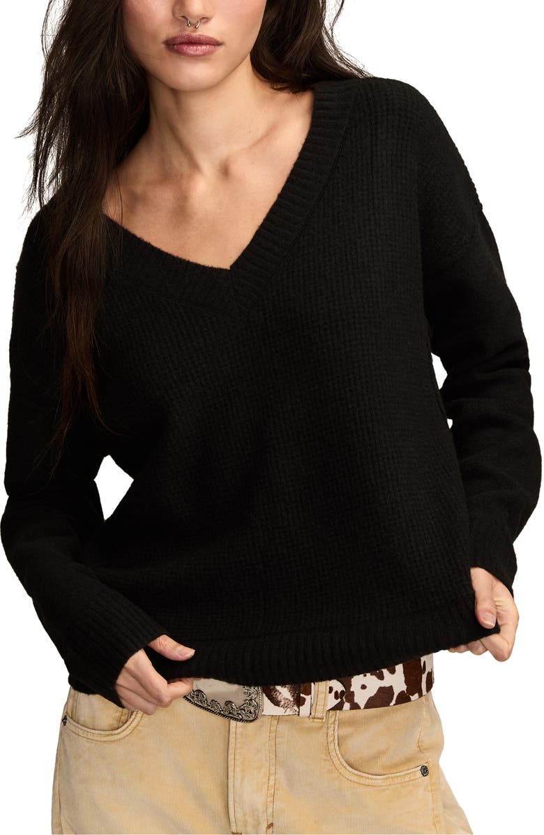 Lucky Brand Waffle Knit V-Neck Sweater, Main, color, Caviar