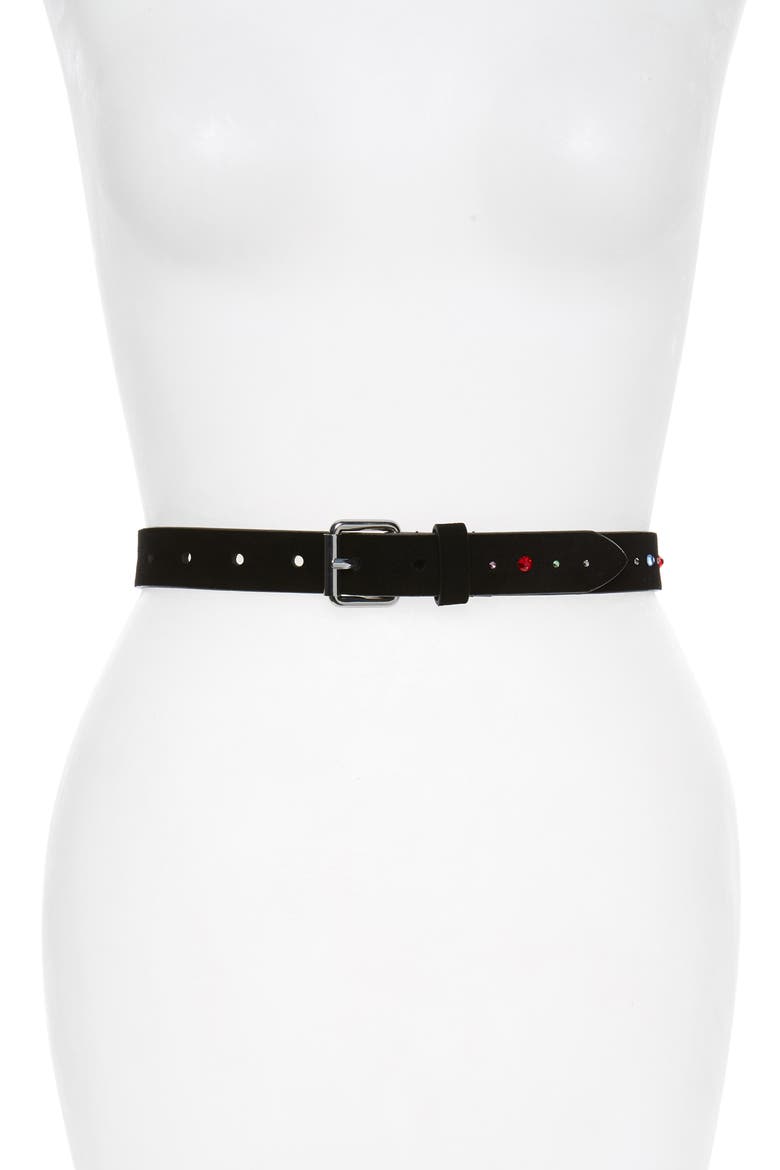 Millie Crystal Embellished Suede Belt, Main, color, BLACK