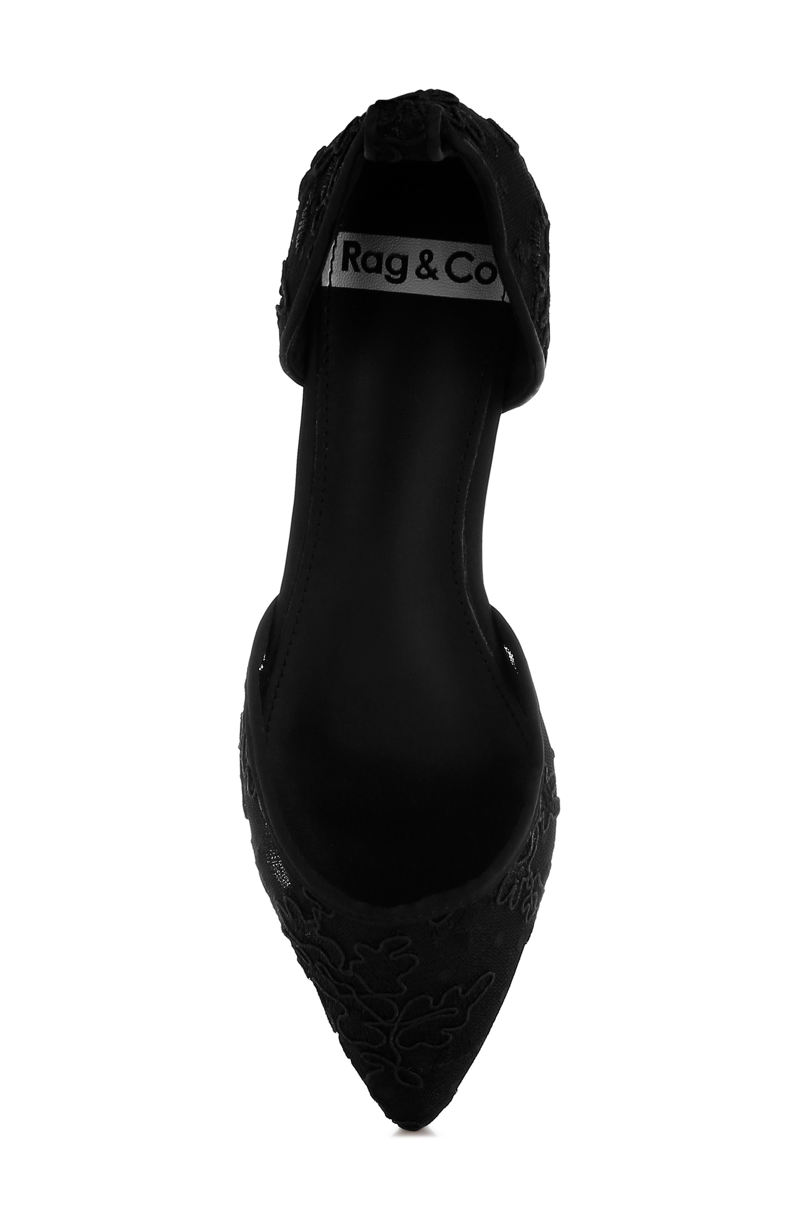 Rag & Co Seymor Faux Pearl Tie Strap Lace Flat, Alternate, color, Black