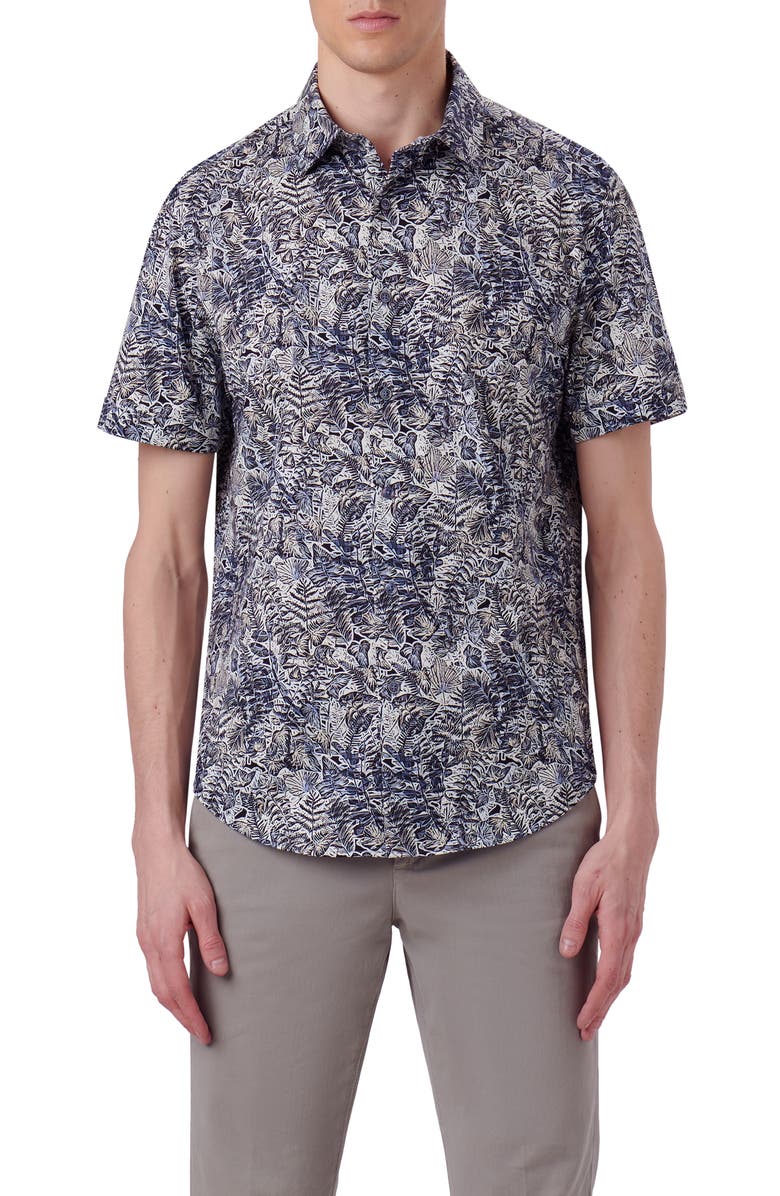 Bugatchi Miles OoohCotton<sup>®</sup> Leaf Print Short Sleeve Button-Up Shirt, Main, color, 