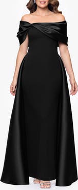 Betsy & Adam Off the Shoulder Cape Detail Gown