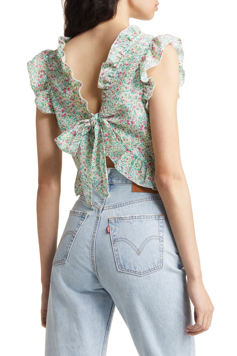Talias Floral Ruffle Trim Crop Top, Alternate, color, SNOW WHITE AOP TALIA