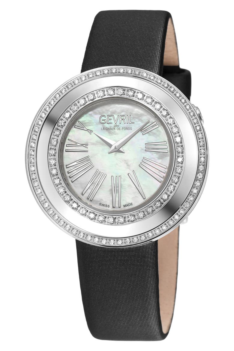 Gandria Mother of Pearl Dial Diamond Leather Strap Watch, 36mm - 0.8424ct., Main, color, BLACK