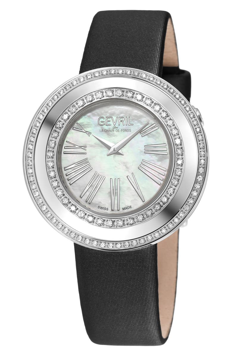 GEVRIL Gandria Mother of Pearl Dial Diamond Leather Strap Watch, 36mm - 0.8424ct., Main, color, Black