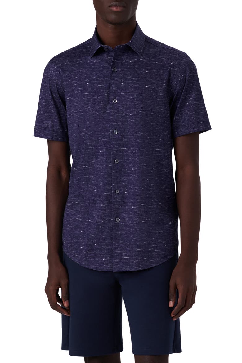 Miles OoohCotton® Heather Print Short Sleeve Button-Up Shirt, Main, color, MIDNIGHT