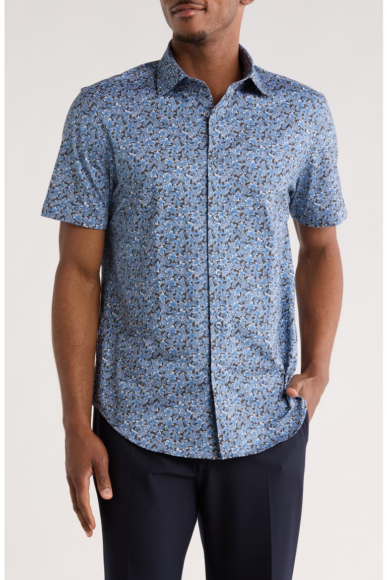Print Short Sleeve Button-Up Shirt, Main, color, NIGHT BLUE