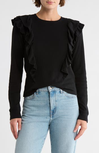 Melrose And Market Ruffle Shoulder Knit Top In Black