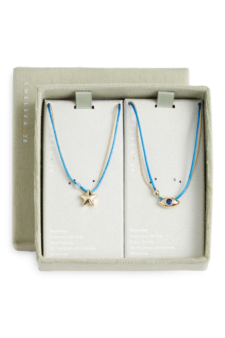 Gift Boxed Set of 2 Demi Fine Mommy & Me Evil Eye Cord Pendant Necklaces, Main, color, BLUE MULTI- GOLD