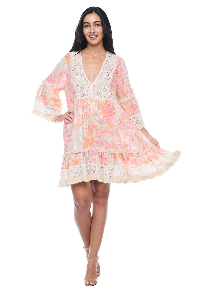 Plunge Bell Sleeve Minidress, Alternate, color, PINK