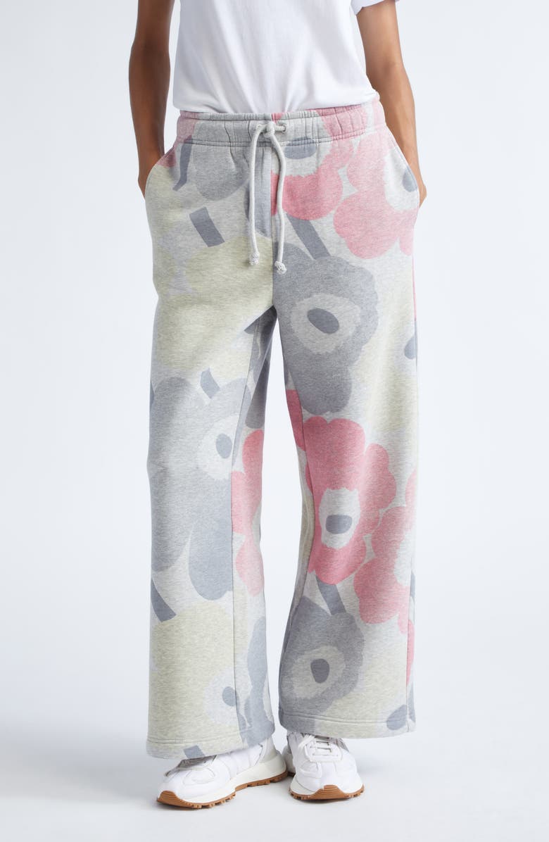 Marimekko Kikapo Unikko Floral Wide Leg French Terry Sweatpants, Main, color, Grey Melange Pink L Yellow