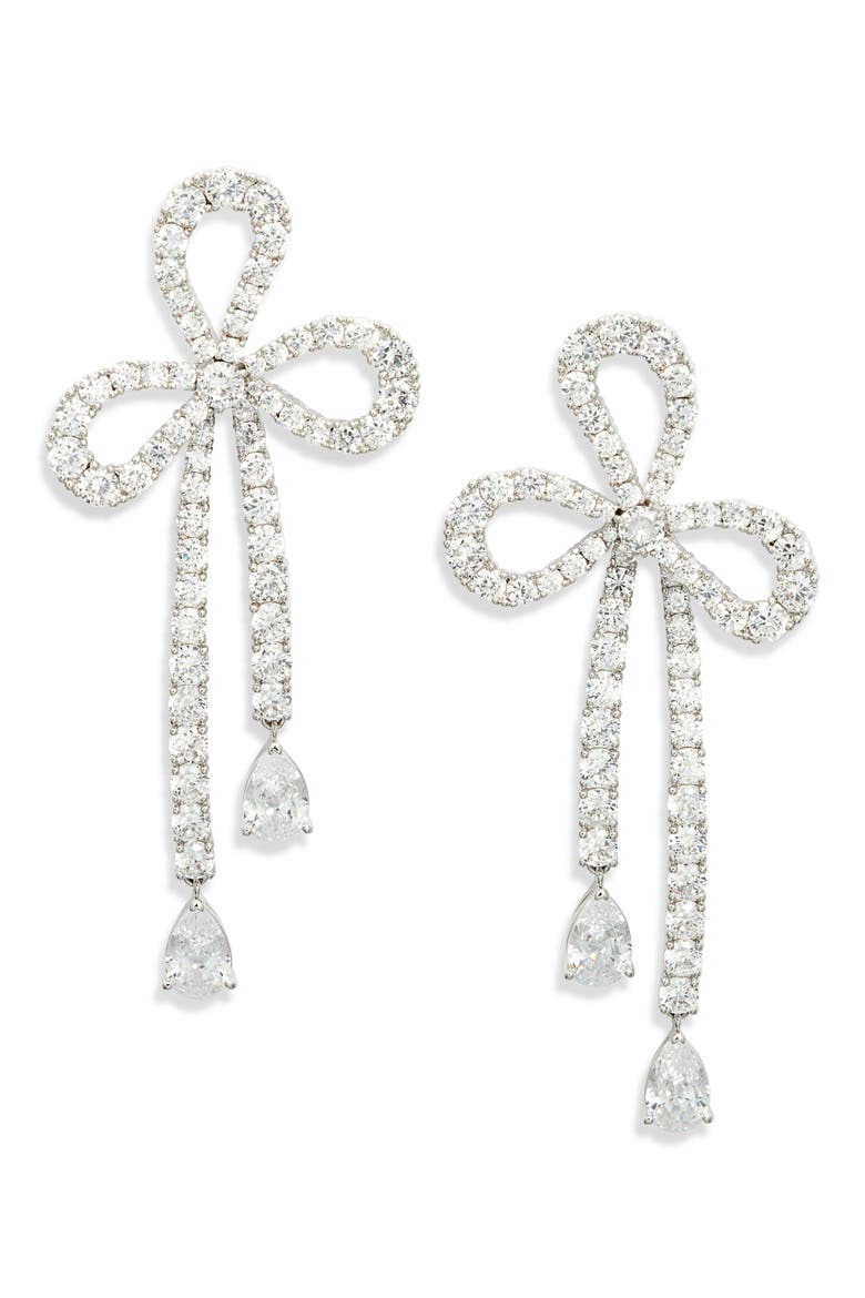 Bow Drop Earrings, Main, color, RHODIUM/ CUBIC ZIRCONIA