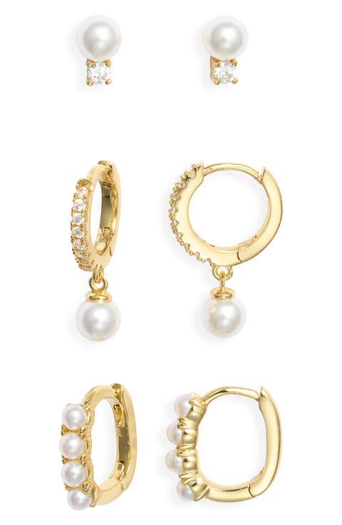 Set of 3 Imitation Pearl & Cubic Zirconia Earrings