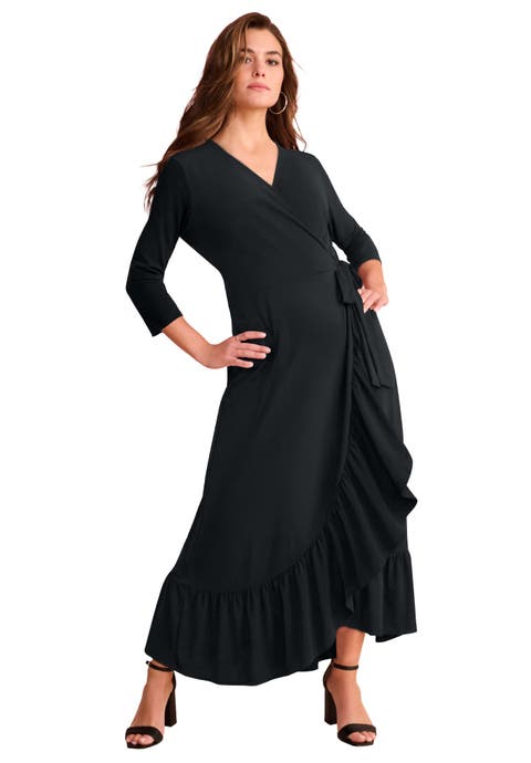 Plus Size Stretch Knit Faux Wrap Flounce Sleeve Midi Dress (plus)