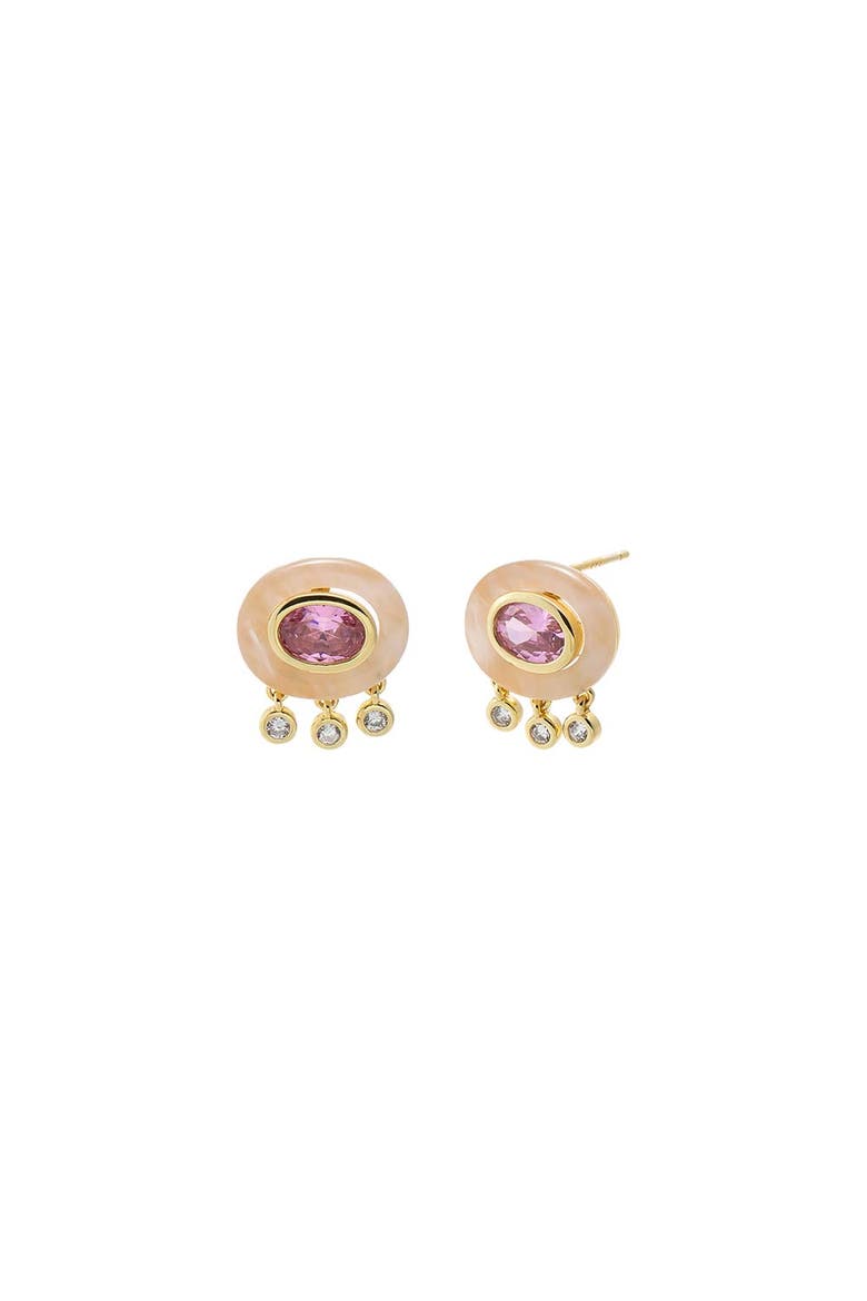 Oval Pink CZ Natural Stone Drop Stud Earring, Main, color, Pink