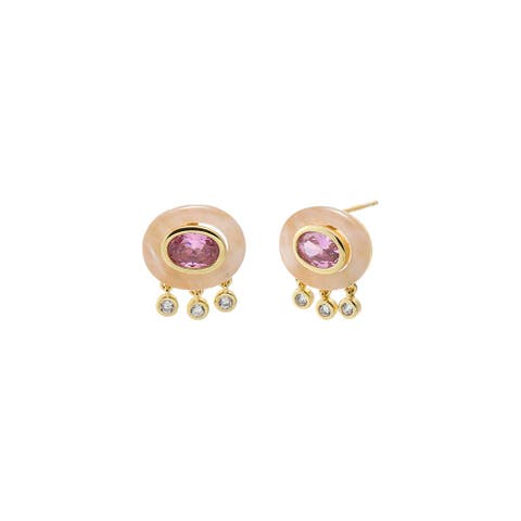 Oval Pink CZ Natural Stone Drop Stud Earring