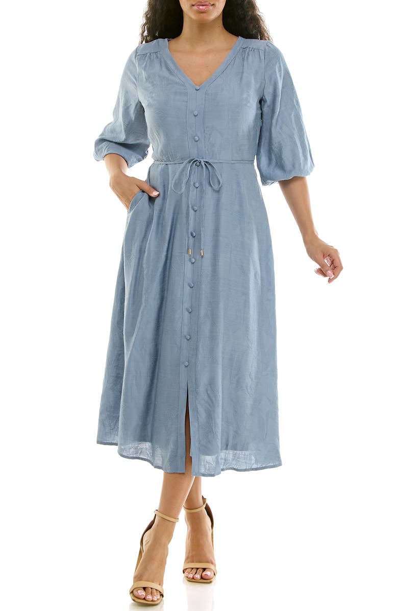 Nina Leonard Balloon Sleeve A-Line Midi Dress, Main, color, Soft Blue
