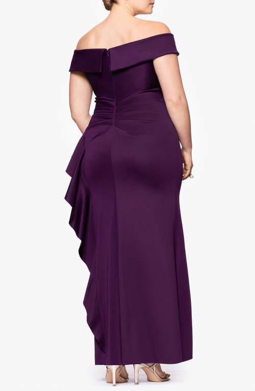 Xscape Evenings Ruffle Off The Shoulder Scuba Cocktail Dress In Plum