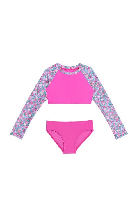 Girls Longsleeve Cropped Rashguard 2-Piece Swimwear Set