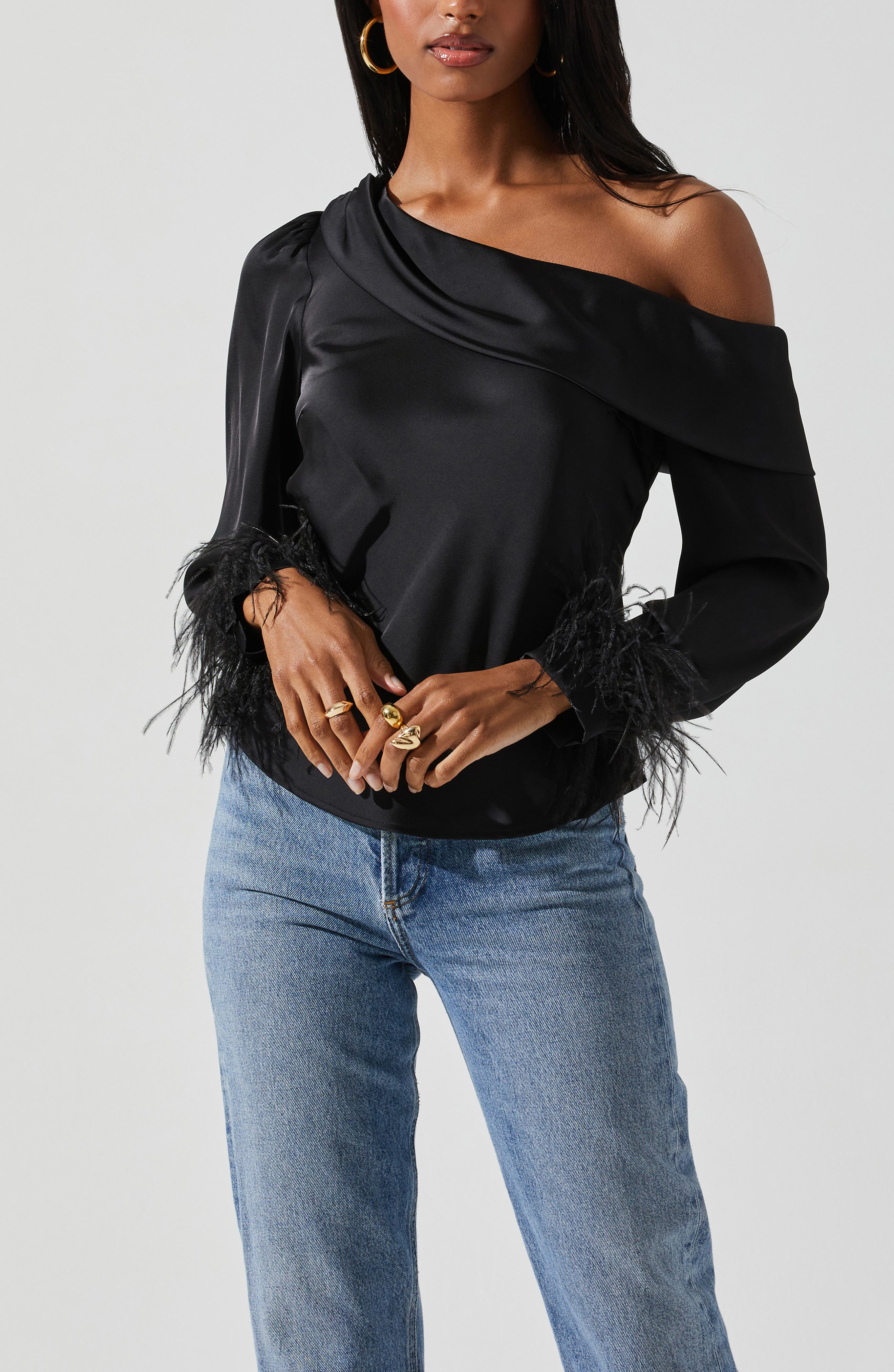 ASTR the Label Dawn One Shoulder Feather Trim Blouse (Women ...