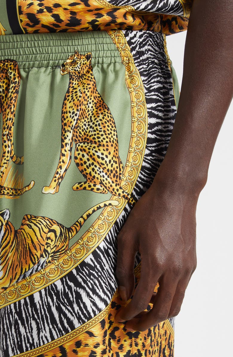 Versace Wild Cats Print Silk Twill Shorts, Alternate, color, Green Black