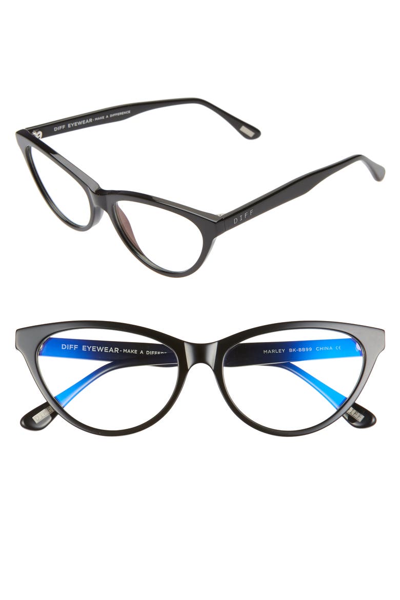 Marley 53mm Blue Light Blocking Cat Eye Glasses, Main, color, BLACK/ CLEAR