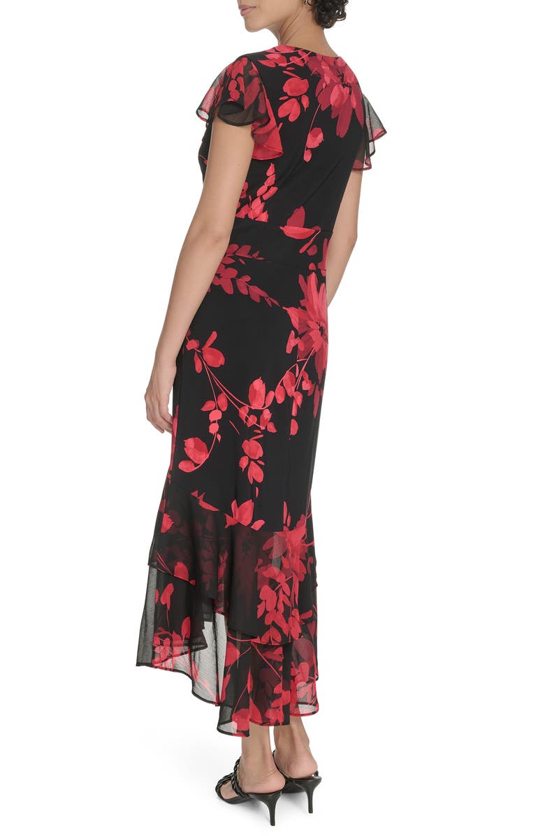 Tommy Hilfiger Chiffon Flutter Sleeve Midi Dress, Alternate, color, Deep Scarlet Multi