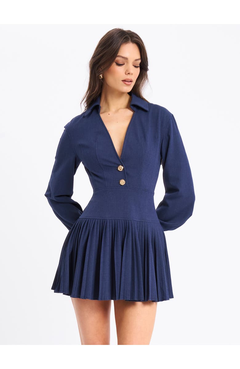 Miss Circle Valarie Denim Style Pleated Mini Dress, Alternate, color, Navy Blue