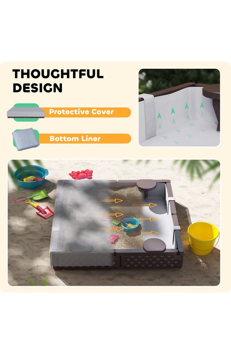 Qaba Kids Sandbox with Cover, 4 Seats & Bottom Liner, Alternate, color, Brown