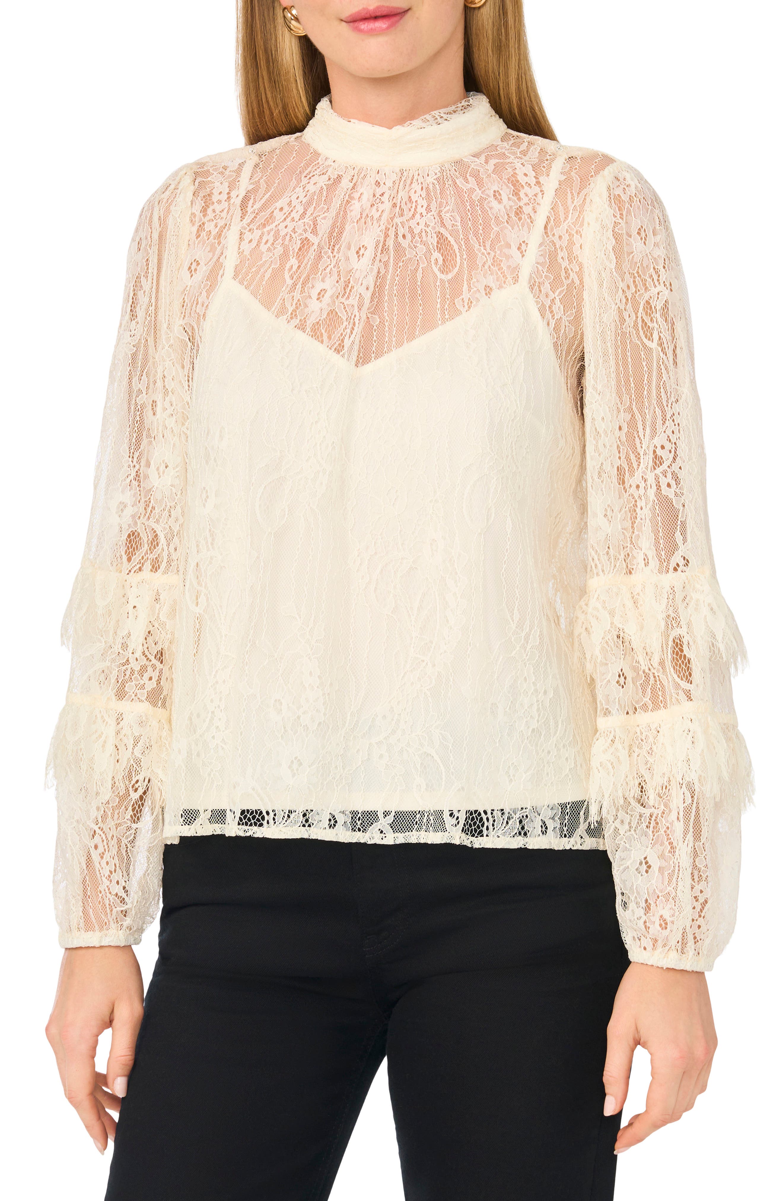 Ruffled Sleeve High Neck Lace Top