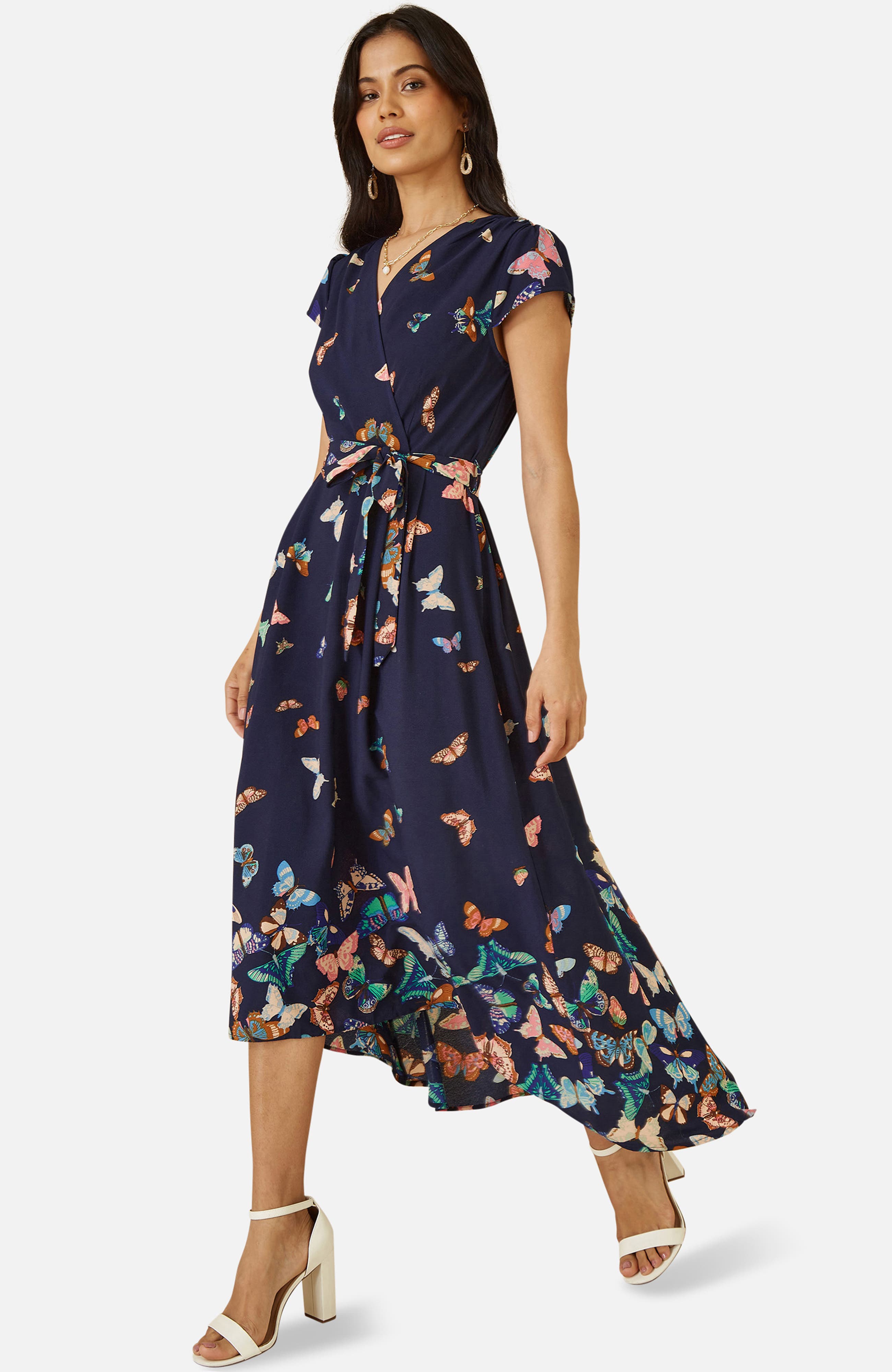 Butterfly Print Dip Hem Midi Wrap Dress - image 2